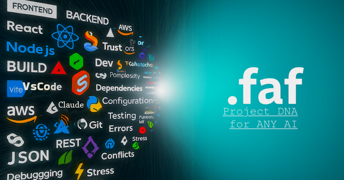 Modern development chaos - React, Node, AWS, Claude, Git, Dependencies, Errors, Stress - unified by .faf Project DNA for ANY AI