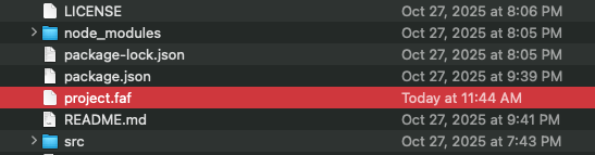 project.faf file sitting alongside package.json and README.md in a project directory
